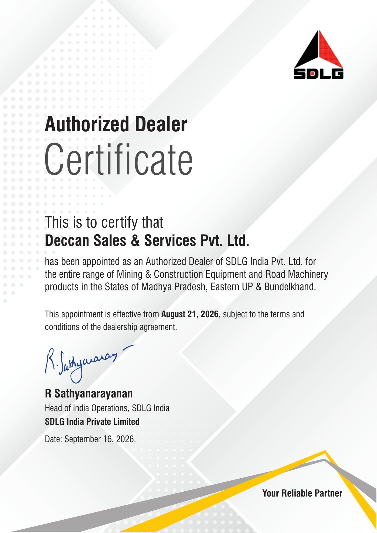 Certificate of appointment for SDLG India Appoints Deccan Sales & Service Pvt. Ltd. as Authorized Dealer for Madhya Pradesh & Central & Eastern Uttar Pradesh
