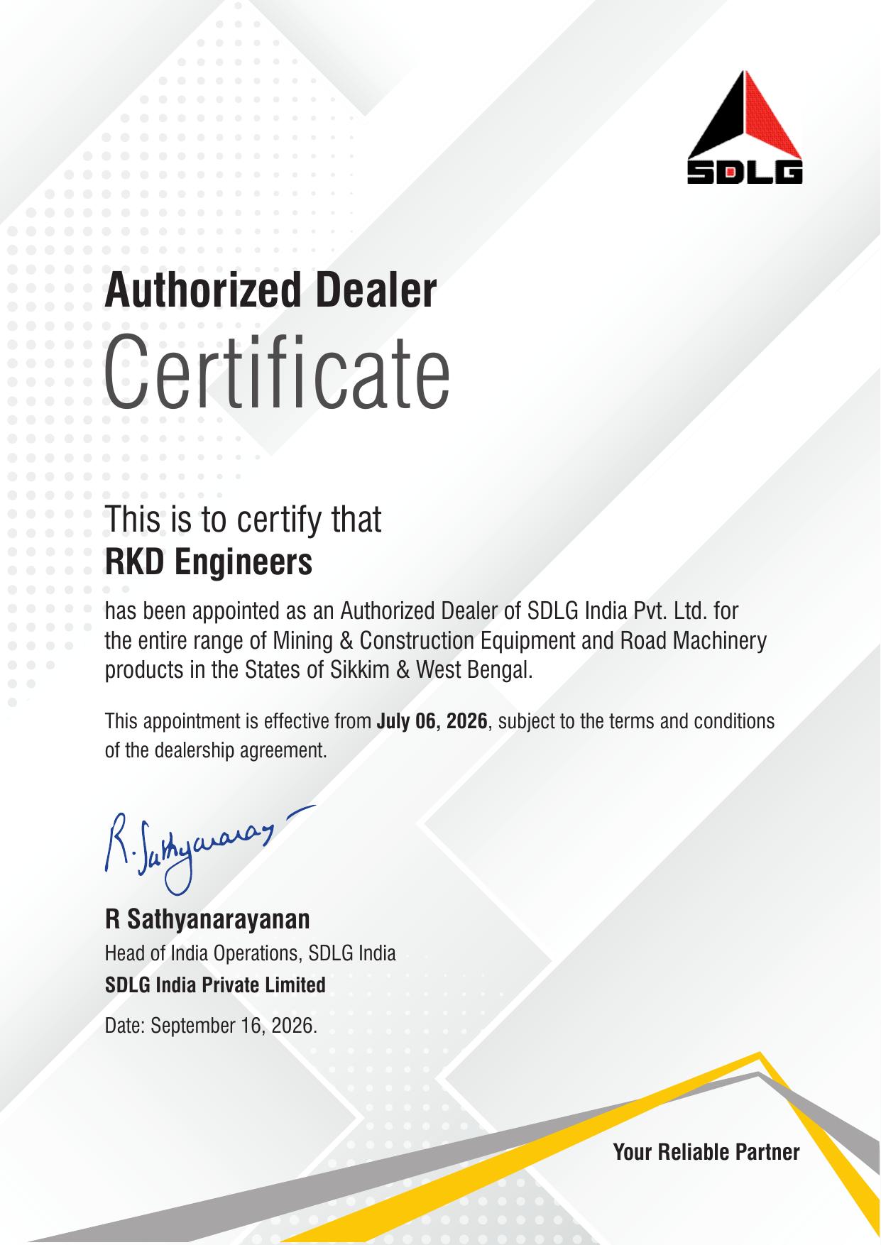 Certificate of appointment for SDLG India Appoints RKD Engineers as Authorized Dealer for West Bengal, Sikkim