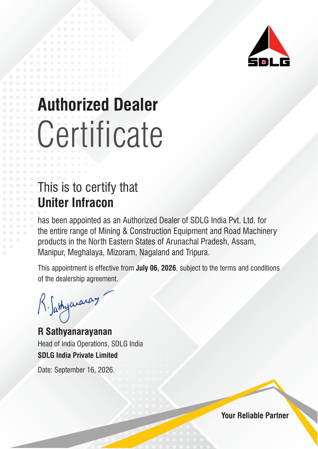 Certificate of appointment for SDLG India Appoints Uniter Infracon as Authorized Dealer for North-East India